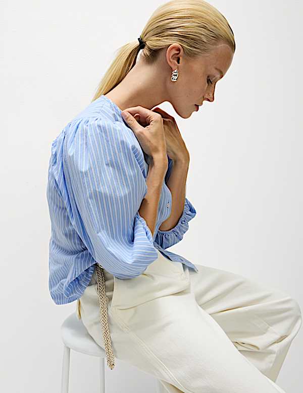 Pure Cotton Puff Sleeve Button Through Blouse