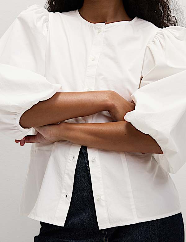 Pure Cotton Puff Sleeve Button Through Blouse