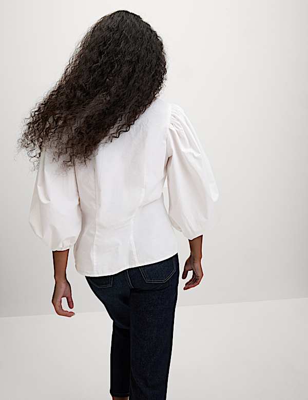 Pure Cotton Puff Sleeve Button Through Blouse