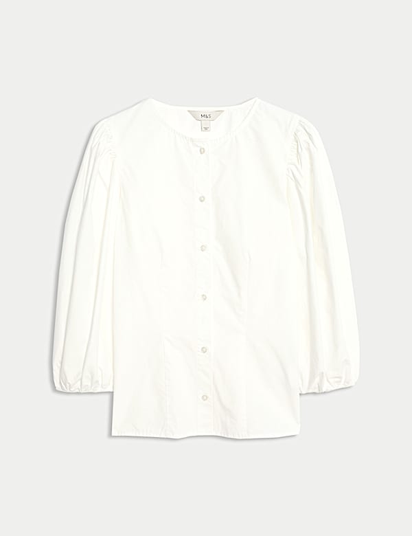 חולצה מכותנה טהורה עם שרוולים תפוחים וכפתורים לכל האורך - IL