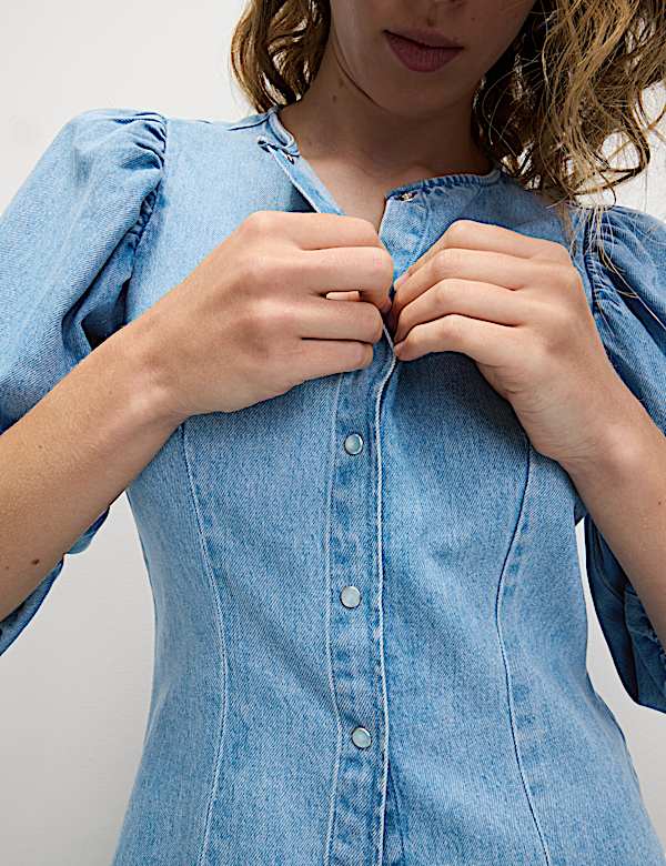 Denim Button Through Puff Sleeve Blouse