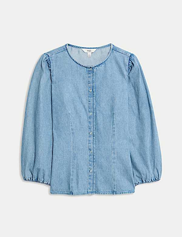 Denim Button Through Puff Sleeve Blouse - SI