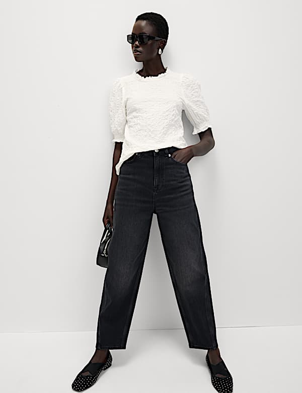 Cotton Rich Smocked Puff Sleeve Blouse - FI