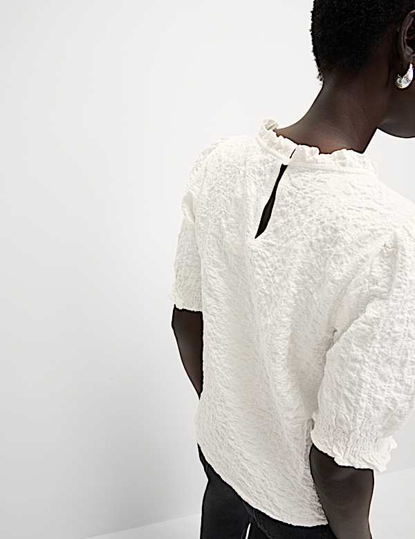 Cotton Rich Smocked Puff Sleeve Blouse - FI