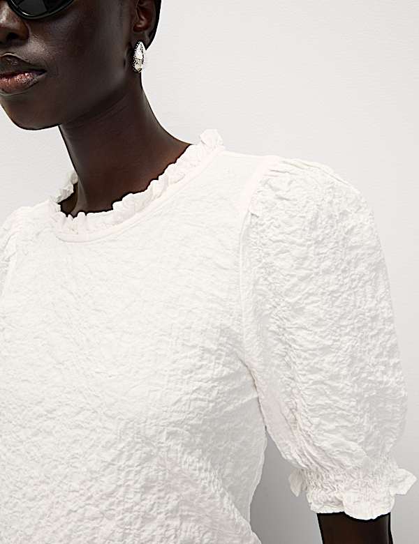Cotton Rich Smocked Puff Sleeve Blouse - FI