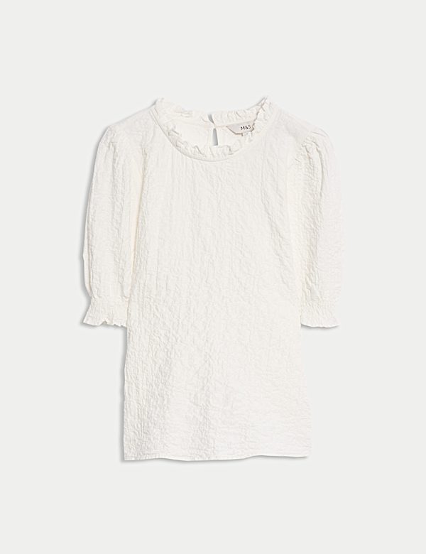 Cotton Rich Smocked Puff Sleeve Blouse - FI