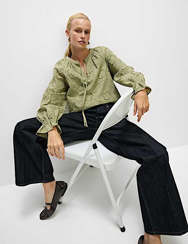 Pure Cotton Appliqu&eacute; Tie Neck Blouse