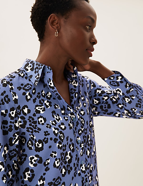 Animal Print Collared Long Sleeve Blouse