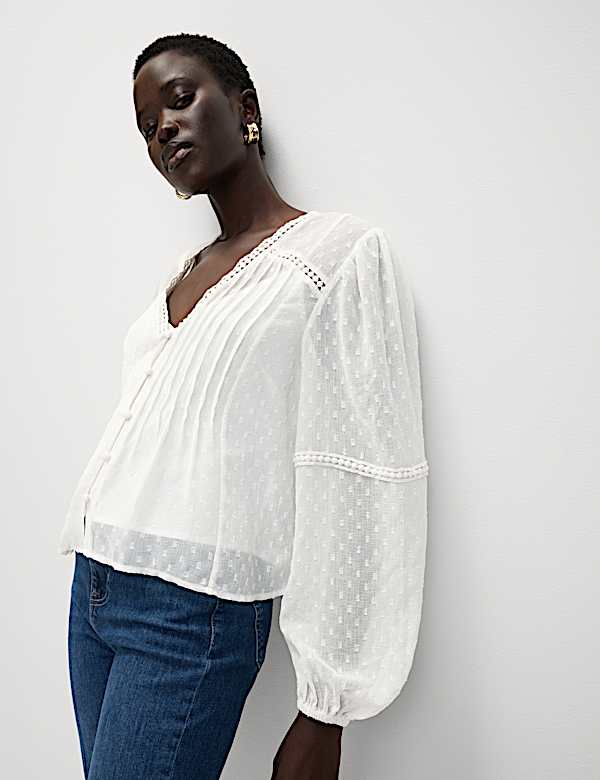 Dobby Textured V-Neck Long Sleeve Blouse