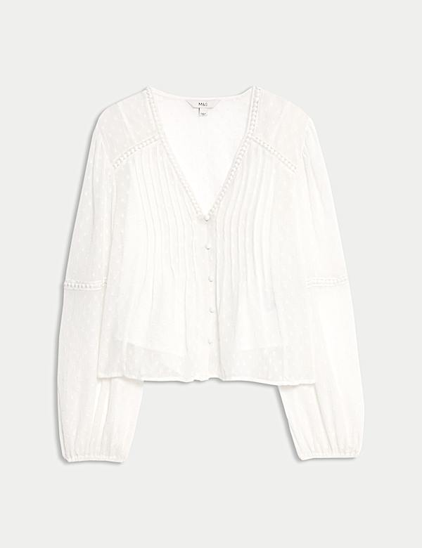 Dobby Textured V-Neck Long Sleeve Blouse - HU