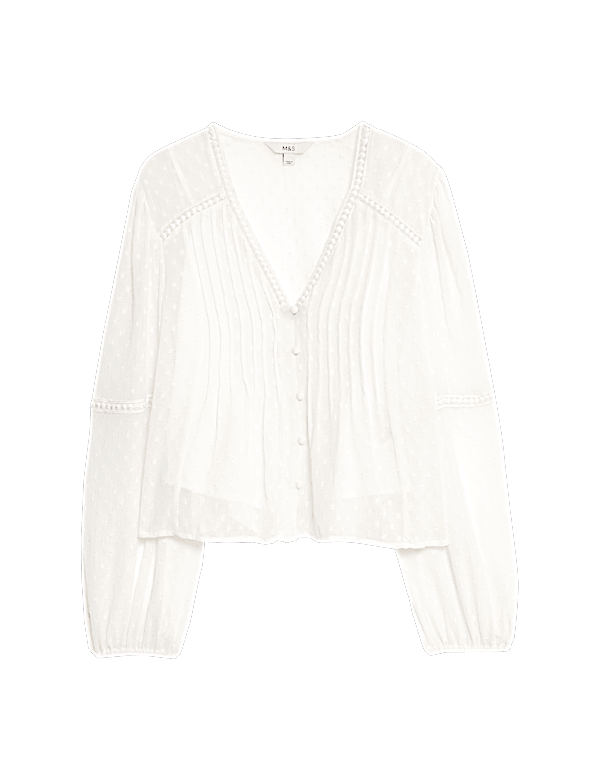 Dobby Textured V-Neck Long Sleeve Blouse