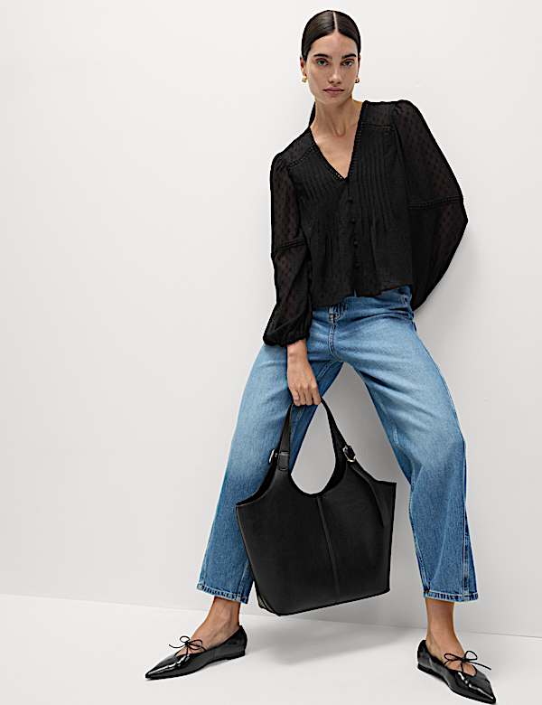 Dobby Textured V-Neck Long Sleeve Blouse