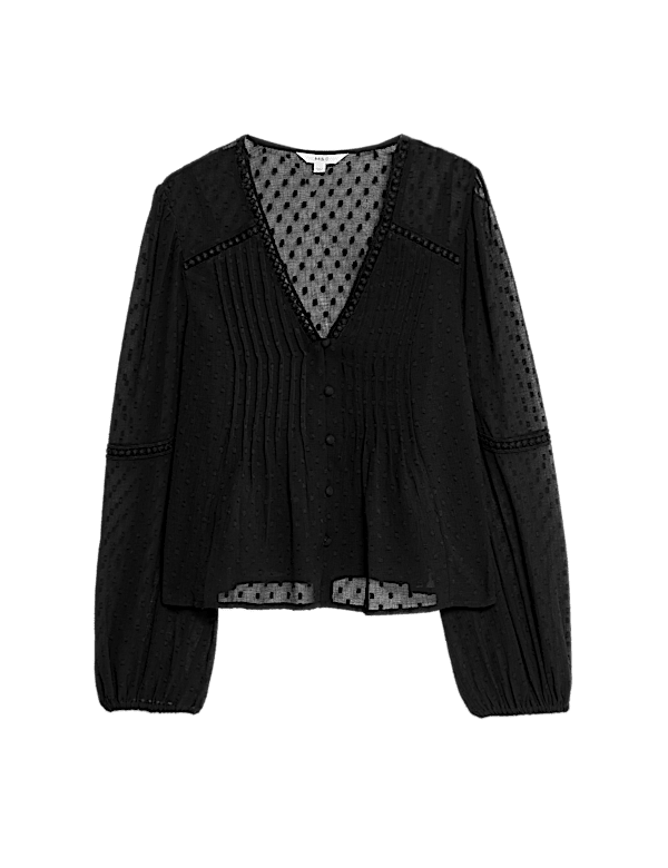 Dobby Textured V-Neck Long Sleeve Blouse