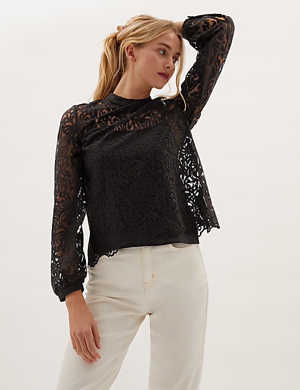 Lace High Neck Long Sleeve Top