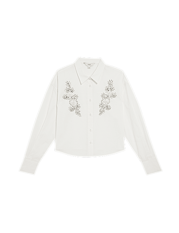 Pure Cotton Embellished Collared Crop Shirt