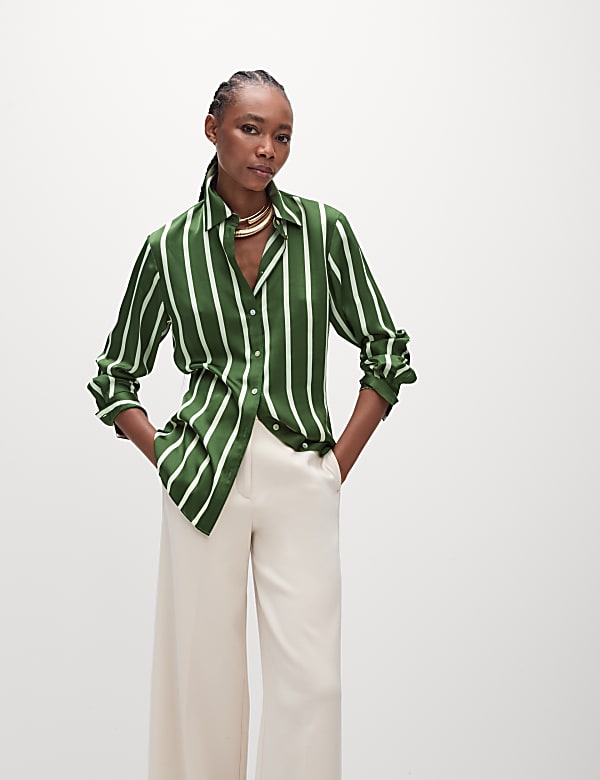 Satin Striped Collared Button Through Shirt