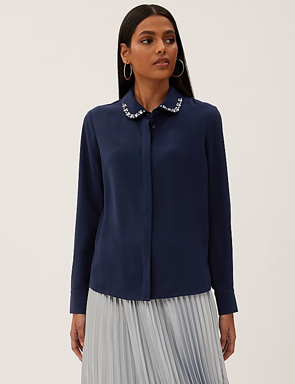Embellished Collared Long Sleeve Blouse