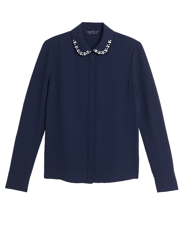 Embellished Collared Long Sleeve Blouse