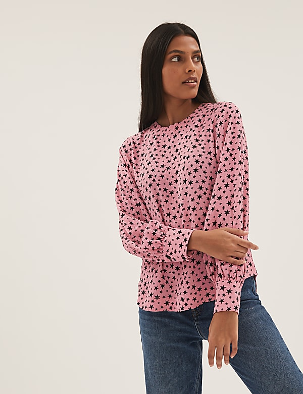 Star Print Round Neck Long Sleeve Blouse
