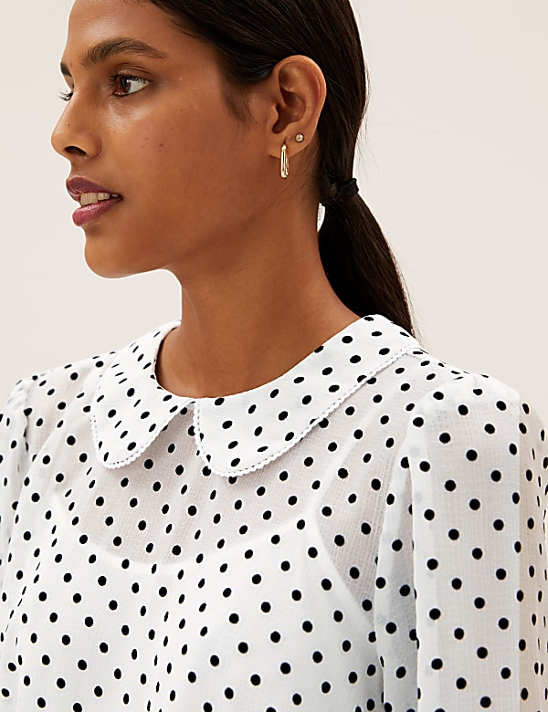 Polka Dot Collared Long Sleeve Blouse