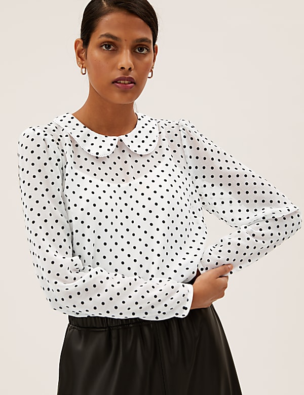 Polka Dot Collared Long Sleeve Blouse
