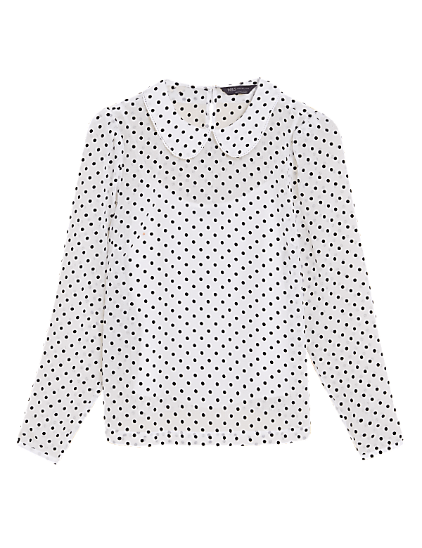 Polka Dot Collared Long Sleeve Blouse
