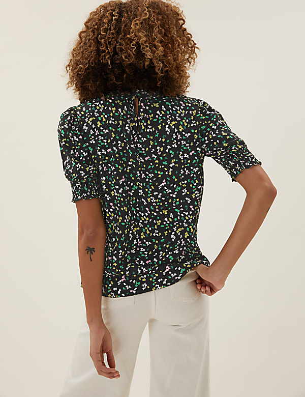 Ditsy Floral High Neck Short Sleeve Top