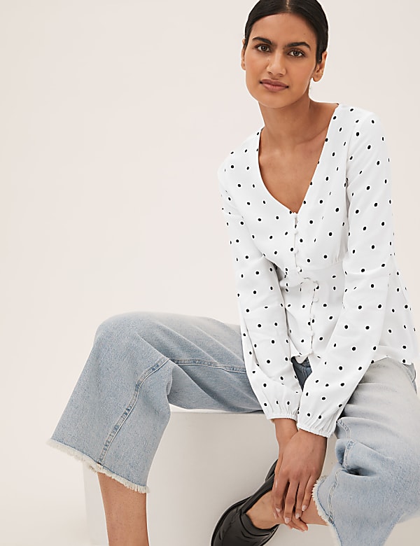 Polka Dot V-Neck Long Sleeve Blouse