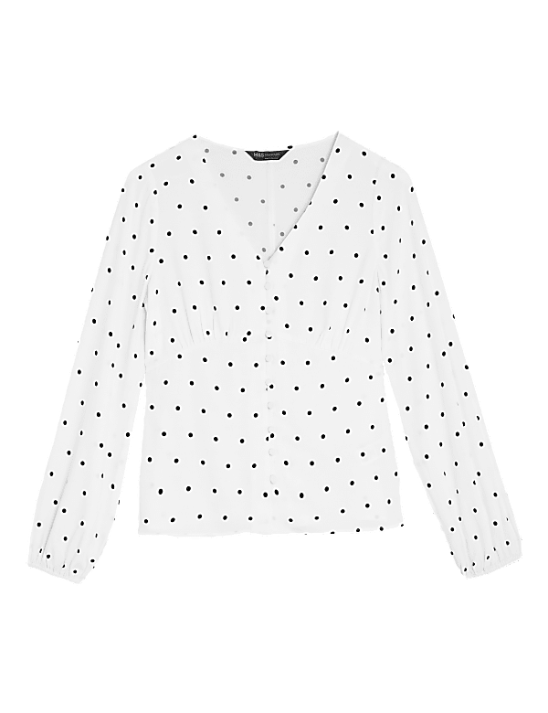 Polka Dot V-Neck Long Sleeve Blouse
