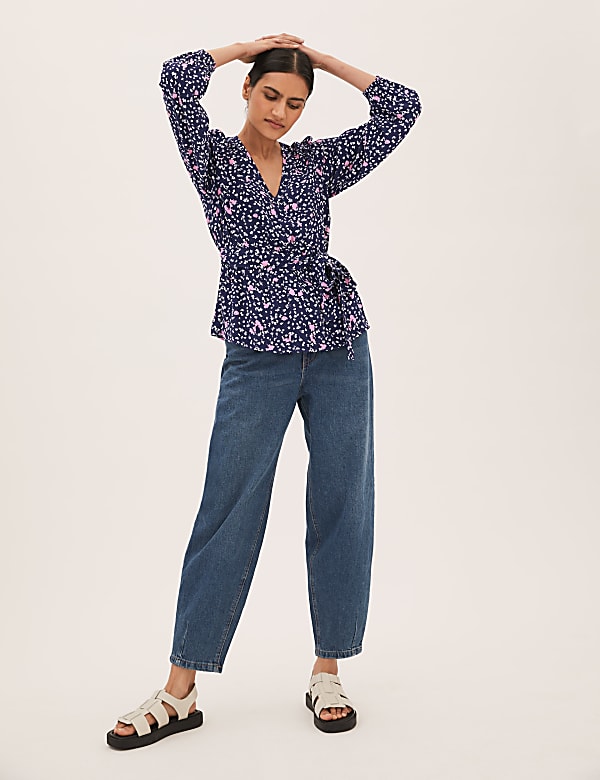 Floral V-Neck Long Sleeve Wrap Top