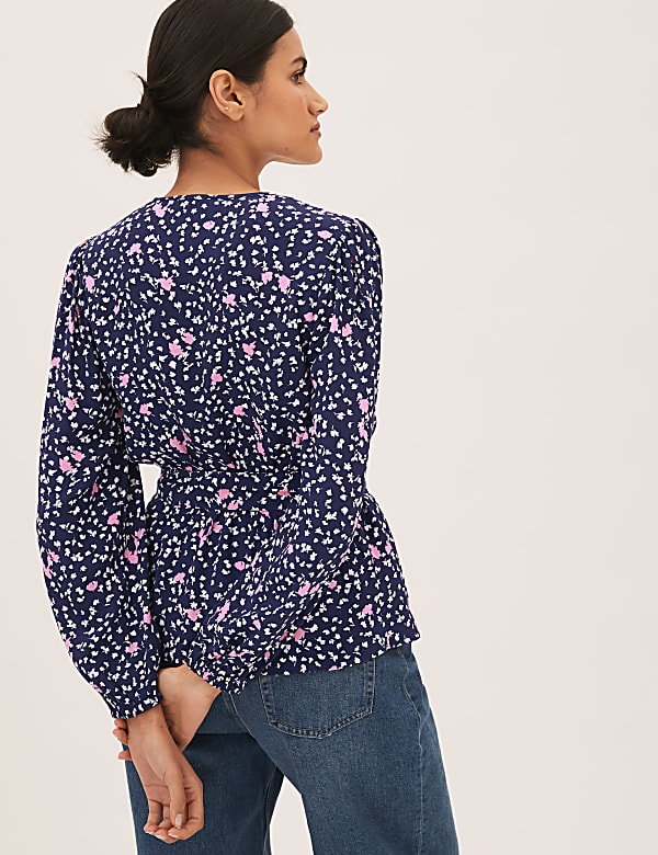 Floral V-Neck Long Sleeve Wrap Top