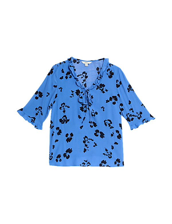 Printed V-Neck Frill Detail Blouse