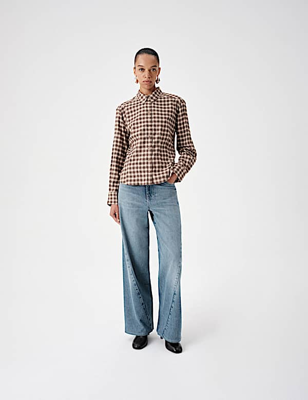 Cotton Blend Check Tie Neck Fitted Shirt