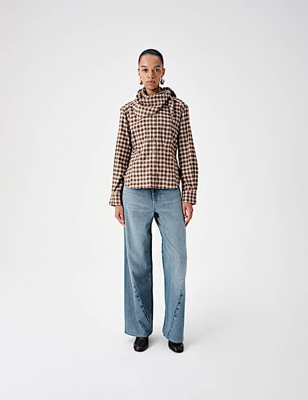 Cotton Blend Check Tie Neck Fitted Shirt - US