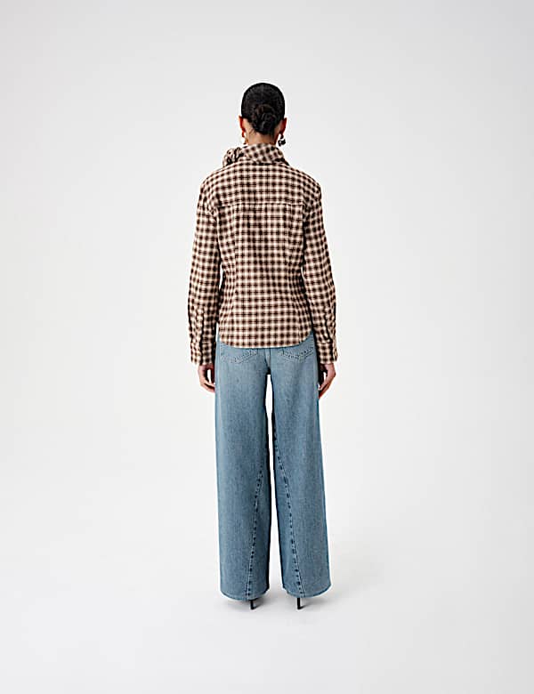 Cotton Blend Check Tie Neck Fitted Shirt - US