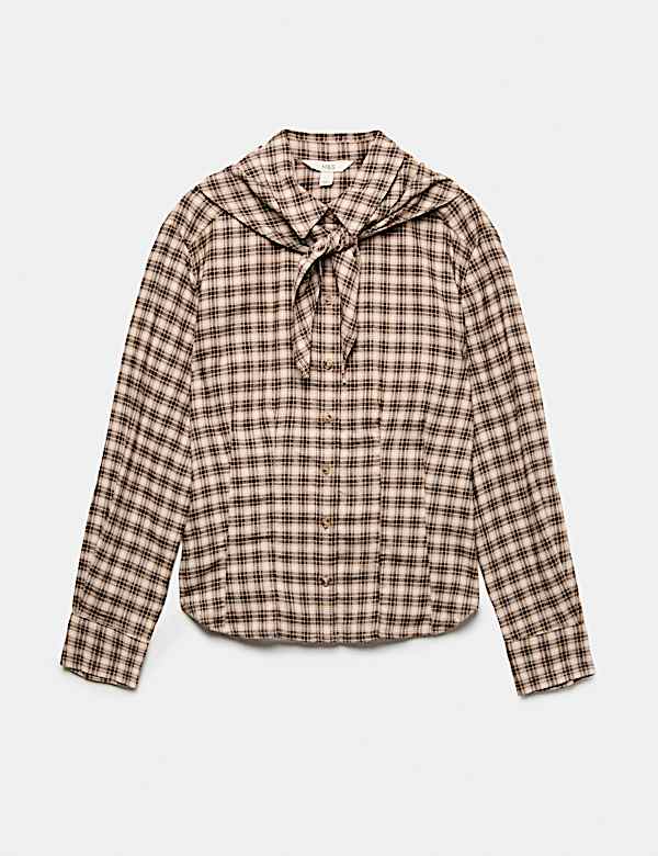 Cotton Blend Check Tie Neck Fitted Shirt - US