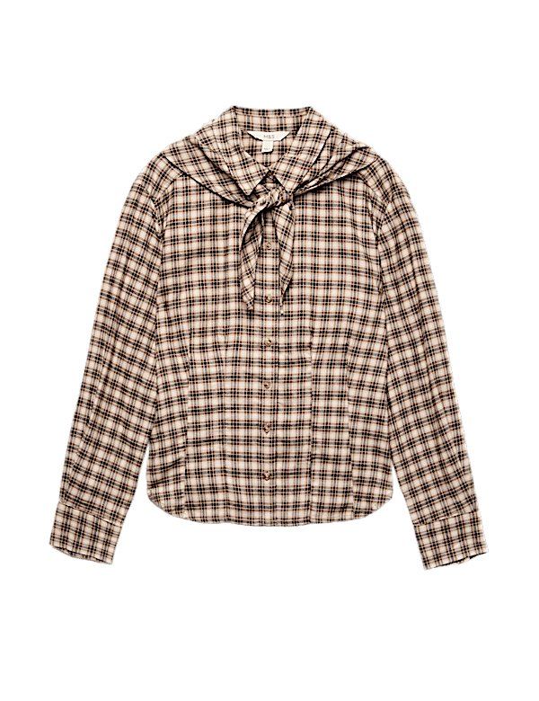 Cotton Blend Check Tie Neck Fitted Shirt