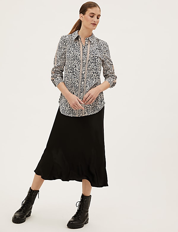 Animal Print Lace Insert Long Sleeve Shirt