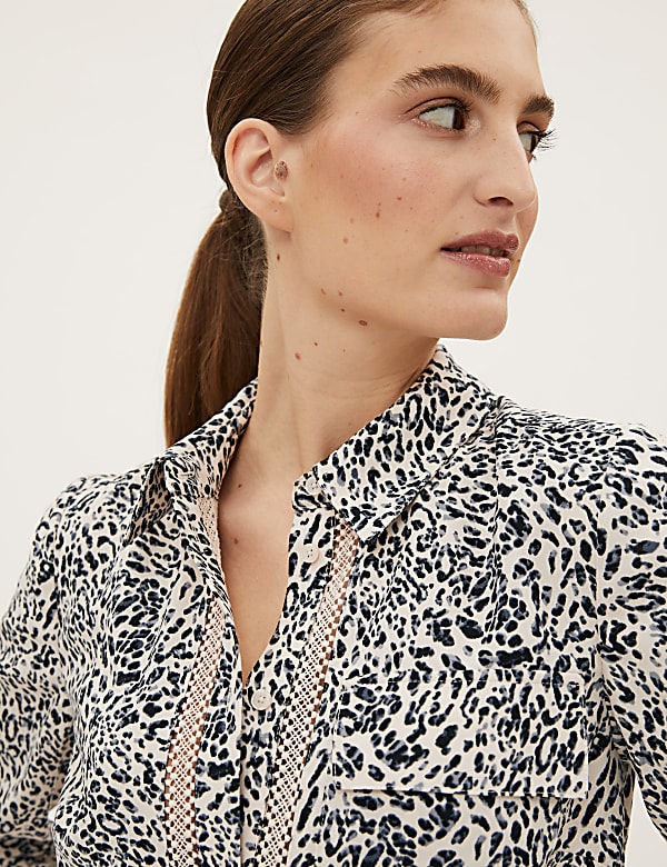 Animal Print Lace Insert Long Sleeve Shirt