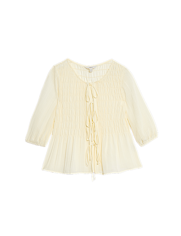 Round Neck Tie Front Shirred Blouse