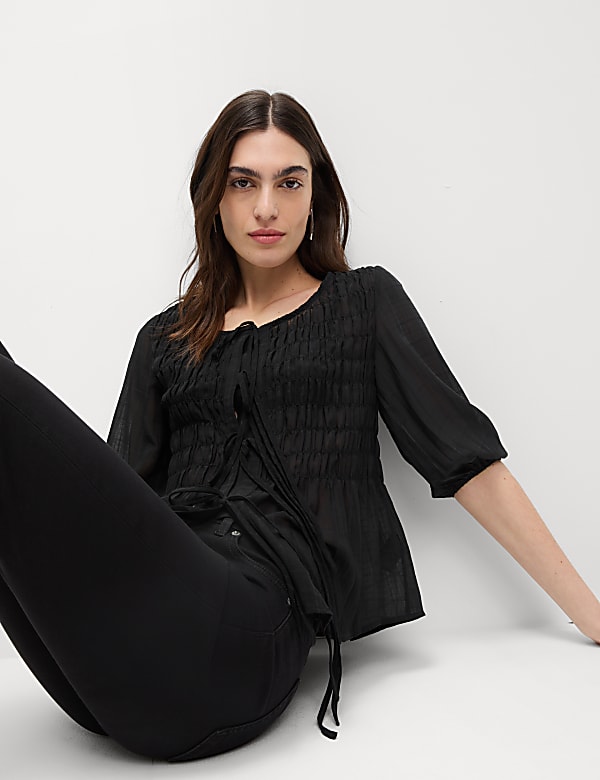 Round Neck Tie Front Shirred Blouse
