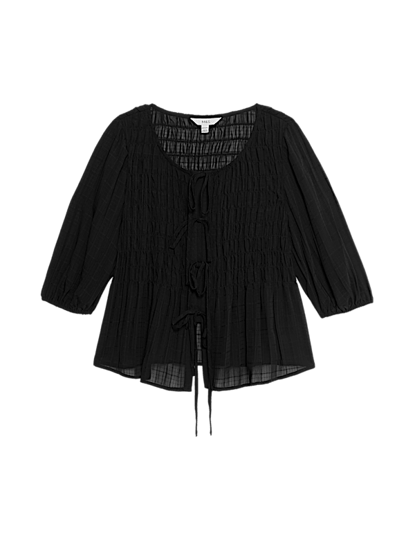 Round Neck Tie Front Shirred Blouse