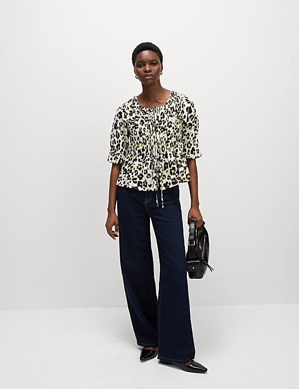 Shirred Tie Front Blouse