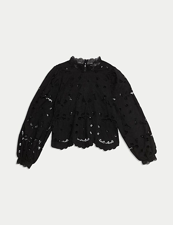 Cutwork High Neck Puff Sleeve Top - FI