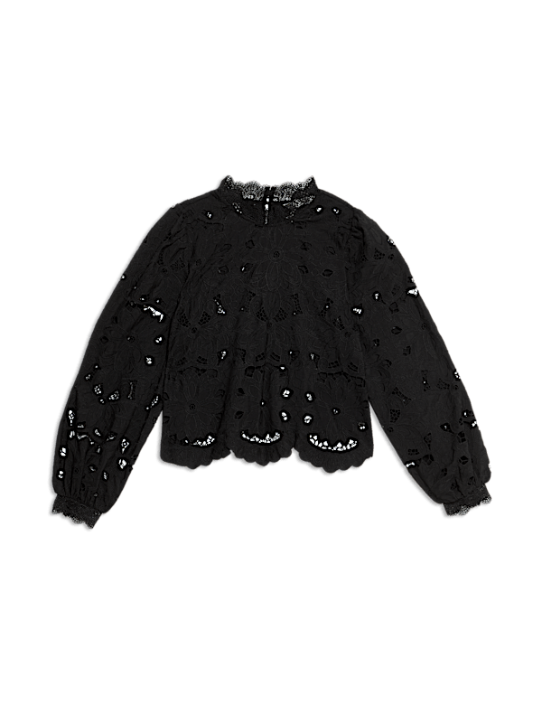 Cutwork High Neck Puff Sleeve Top