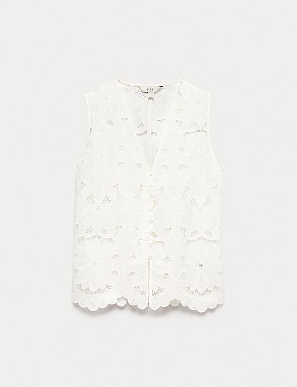 Floral V-neck Cutwork Detail Waistcoat - TW