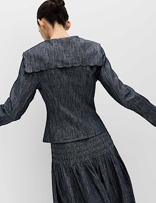 Linen Blend Denim Scallop Collar Shirt