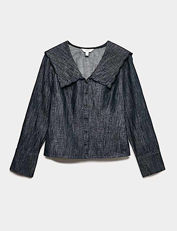 Linen Blend Denim Scallop Collar Shirt - AL