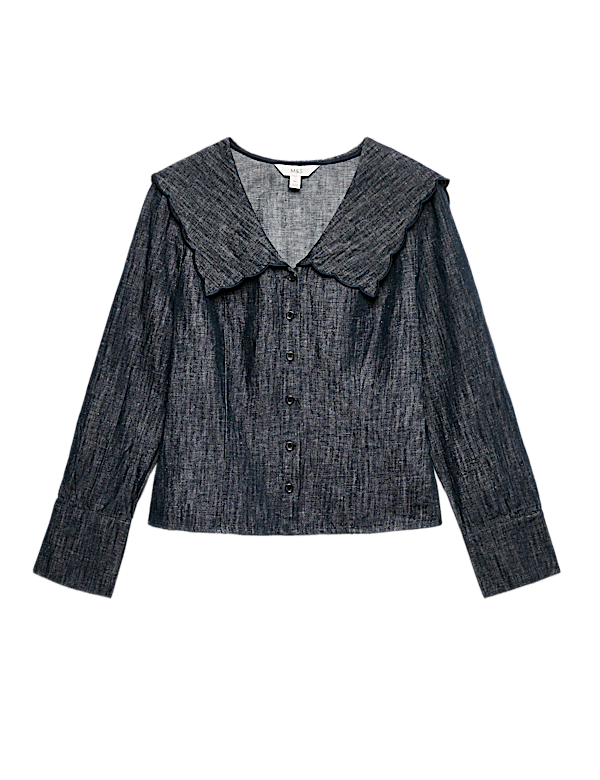 Linen Blend Denim Scallop Collar Shirt