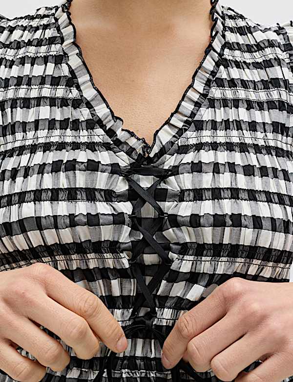 Cotton Blend Gingham Shirred Peplum Top - VN